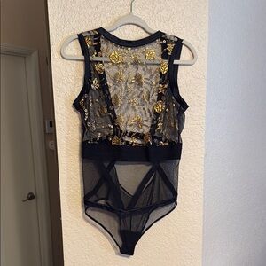 Honey Birdette - Black and Gold Sheer Bodysuit - L